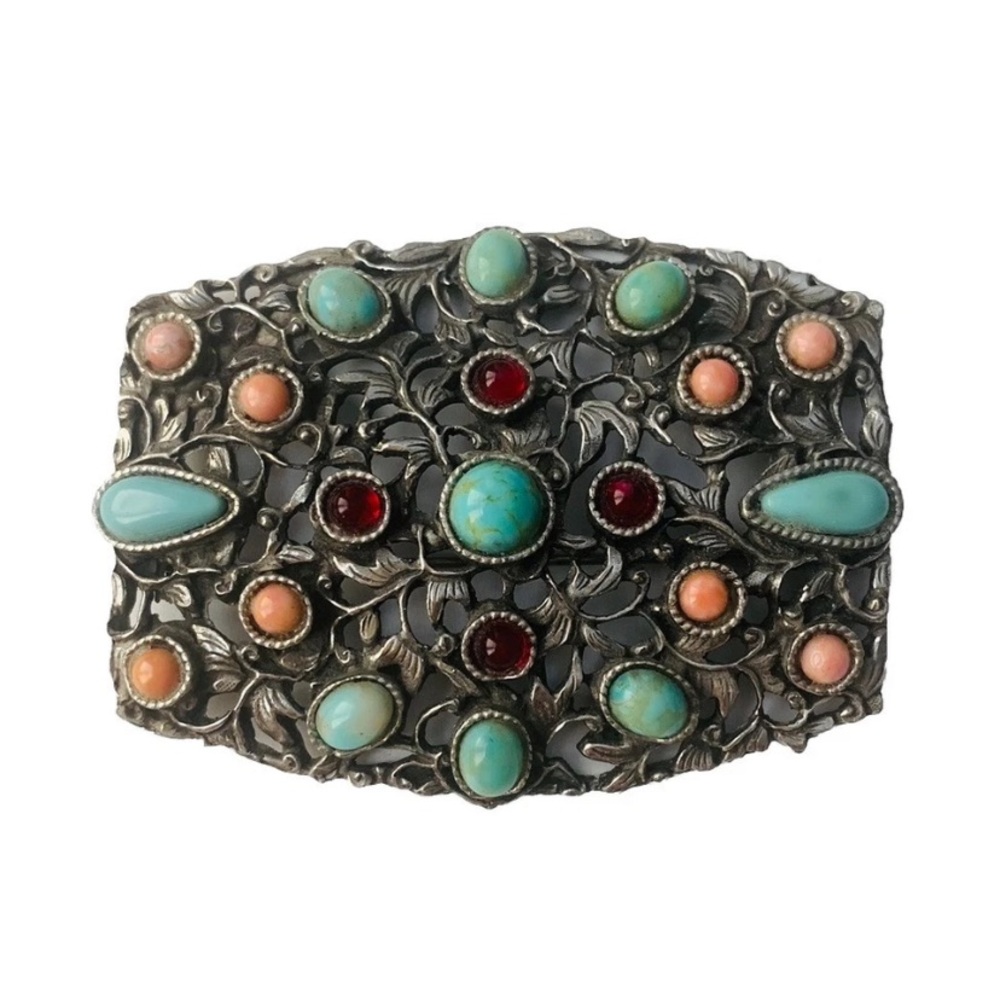 Vintage Czech Filigree Metal Brooch Turquoise Coral Garnet Silver Tone 3x2”
